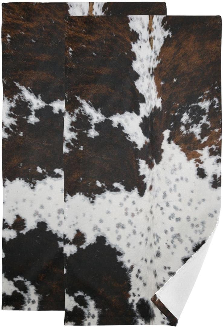 2 Pack Cow Fur Hand Towels for Bathroom,Soft Absorbent White Black Brown Cow Print Country Farmhouse Bath Hand Towels for Kitchen,Decorative Guest Bathroom Towels for Face,Shower,Gym 14"x28"