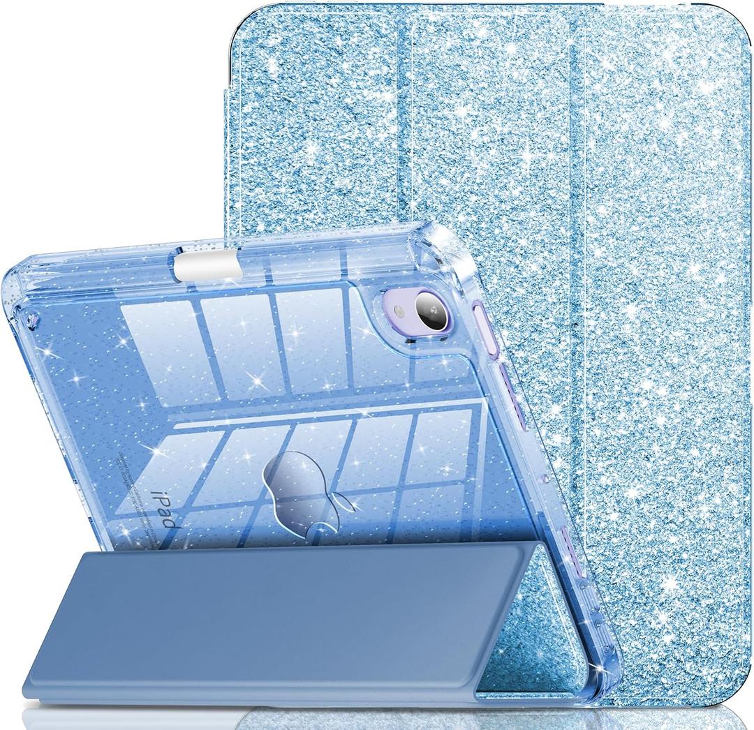 INFILAND for iPad Mini 7 Case (A17 Pro), iPad Mini 7th / 6th Generation Case 2024/ 2021 8.3 Inch, Glitter Cute Protective Cover with Clear Sparkle Back, Pencil Holder for Kids Girls, Blue
