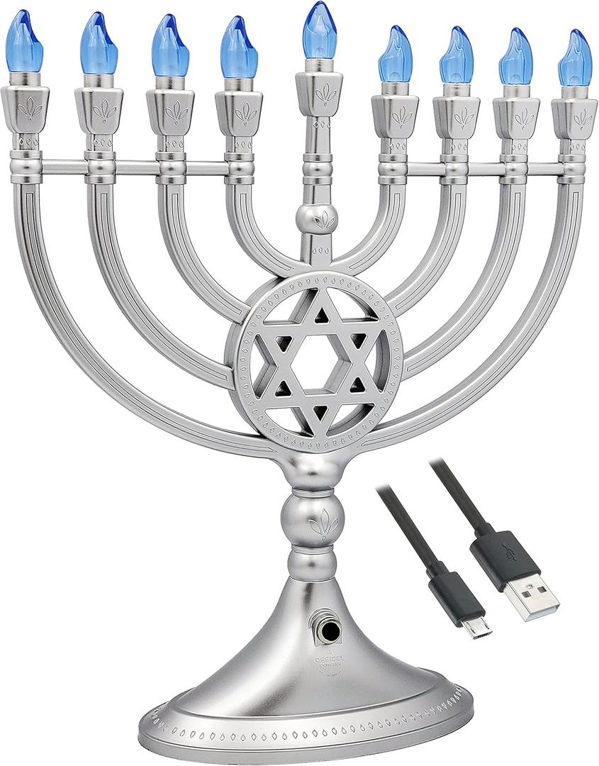 The Dreidel Company Traditional LED Electric Silver Matte Hanukkah Menorah Full Size 13 Inches Tall Battery or USB Powered - Includes a Micro USB Charging Cable
