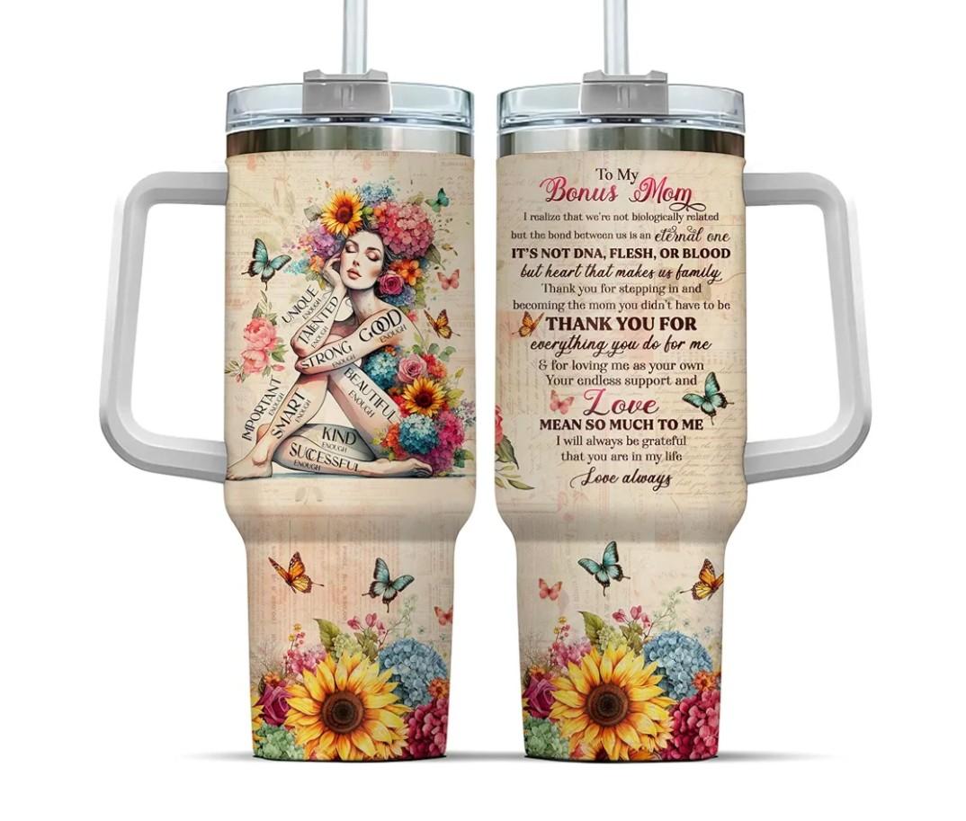 Tumbler 40 Oz With Handle Lid And Straw, Bonus Mom Gifts, Bonus Mom Girl Mental Flowers, Simple Coffee Eleven Floral Modern Straws Royal Mother Be Best Purple To Butterfly