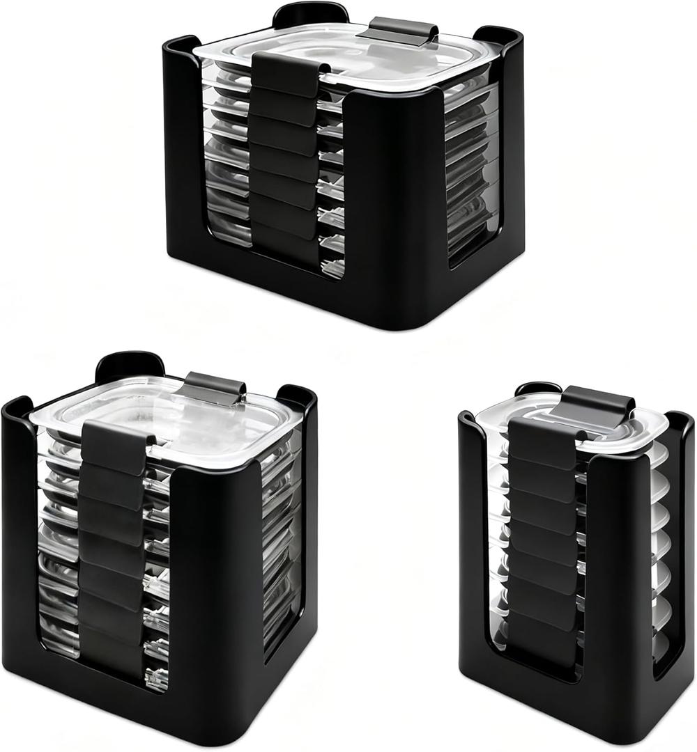 Food Container Lid Organizer for Rubbermaid Brilliances nap-on lids, Lid Organizer for Kitchen Cabinet Storage (3-Piece) - Holds 24 Lids for 4.7 Cup, 3.2 Cup, 1.3 Cup & 0.5 Cup Containers (Black)