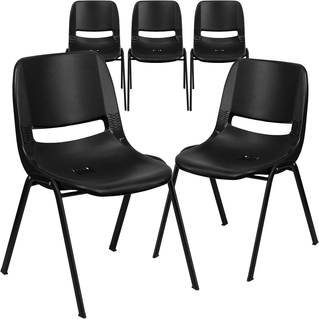 Flash Furniture Hercules Series Ergonomic Lightweight Shell School Chairs, Plastic Stacking Chairs, Set of 5, Black