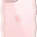 JETech Cute Case for iPhone 15 6.1-Inch, Wave Frame Curly Shape Shockproof Phone Cover for Women and Girls, Clear Hard PC Back (Pink)