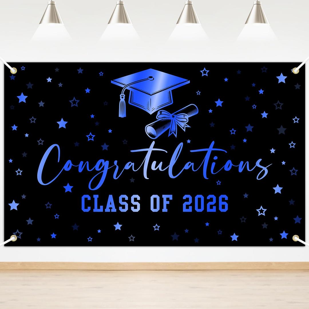 Lecheme Congratulations Graduation Banner Class of 2026 Backdrop Black Blue Congrats Grad Banner Party Background Prom Night Photo Booth Props Graduation Party Decorations 6x3.6 ft