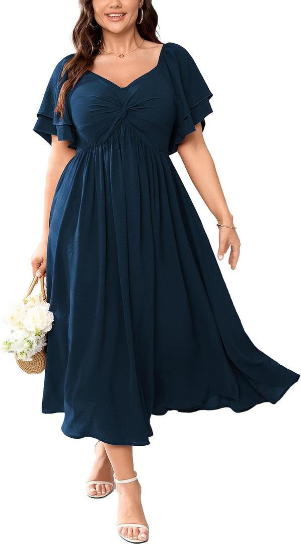 SCOMCHIC Women's Plus Size Wedding Guest Cocktail Dresses Sweetheart Neckline Ruffle Sleeve A Line Maxi Dress (Blue, XXL)