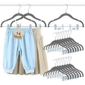 Vesici 14 Inch Extra Large Kids Velvet Hangers with Movable Clips 15 Pack, Non Slip Felt Clothes Hangers for Kids and Preteens, Heavy Duty and Space Saving for Pants, Skirts, Coat, Gray
