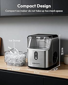 EUHOMY Nugget Ice Maker Countertop, Ready in 7 Mins, 34Lbs/24H Pebble Ice Maker Machine, Self-Cleaning Countertop Sonic Ice Makers with Ice Scoop&Basket, Pellet Ice Maker for Home, Stainless Steel