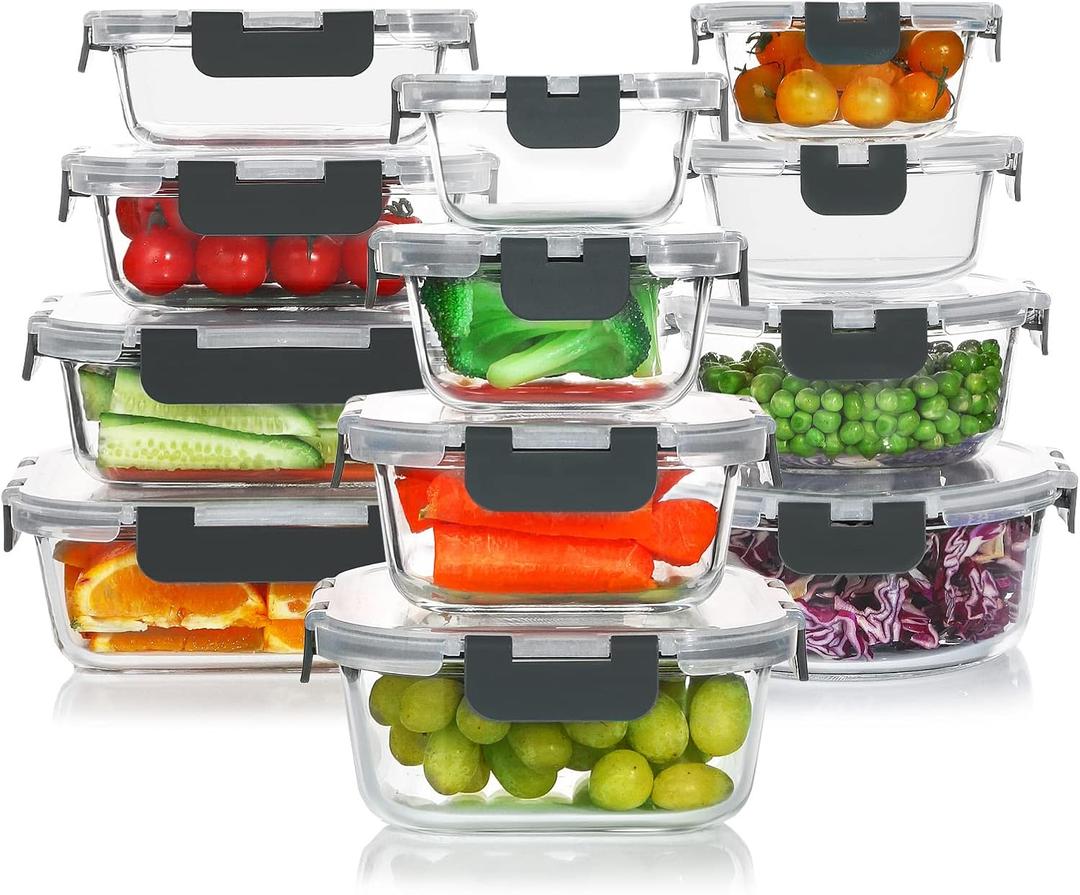 KOMUEE 24 Pieces Glass Food Storage Containers Set, Meal Prep Containers, BPA-Free Airtight Glass Storage Containers with lids,Freezer, Microwave and Oven Safe,Gray