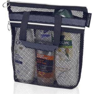 Mesh Shower Bag 10.2x9.9'' Quick-Dry Caddy with Zipper & 2 Pockets. Portable Toiletry Tote for Bathroom, Gym, Travel, Camp, Beach, for Sunscreen, Dorm & College Essentials (Black) (Small)