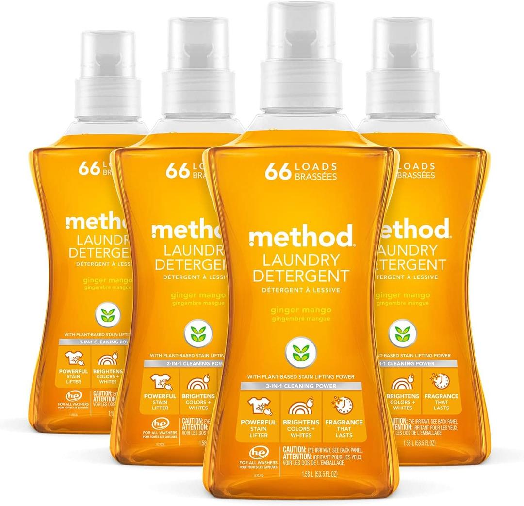 Method Liquid Laundry Detergent; Ginger Mango Scent; Stain Remover; 66 Loads per 53.5 fl oz bottle; 4 Pack (264 Total Loads)