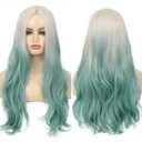 Ombre Green Wig for Women Synthetic Long Curly Wavy Ombre Light Green Wigs with Blonde Roots Middle Part Wigs for Party Daily Halloween Use (Blue)