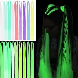 Luminous Hair Extension Kit with Tools Glow in the Dark Glitter Hair Tinsel for Women Neon UV Reactive Synthetic Hair Accessories for Christmas Halloween Party(48 Inch, 12 Colors, 3000 strands)