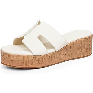 Coutgo Women's Platform Wedge Sandals Open Toe Slip On Slides Cork Heeled Cutout Comfortable Summer Shoes (7.5, Beige)