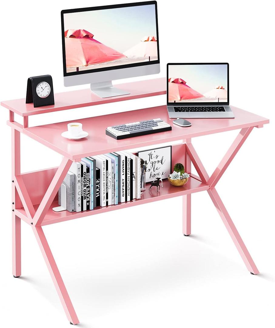 ODK Small Desk, 27.5 Inch Computer Desk for Small Spaces, Kids Desk with Storage, Study Table with Monitor Stand for Homeschool, Pink