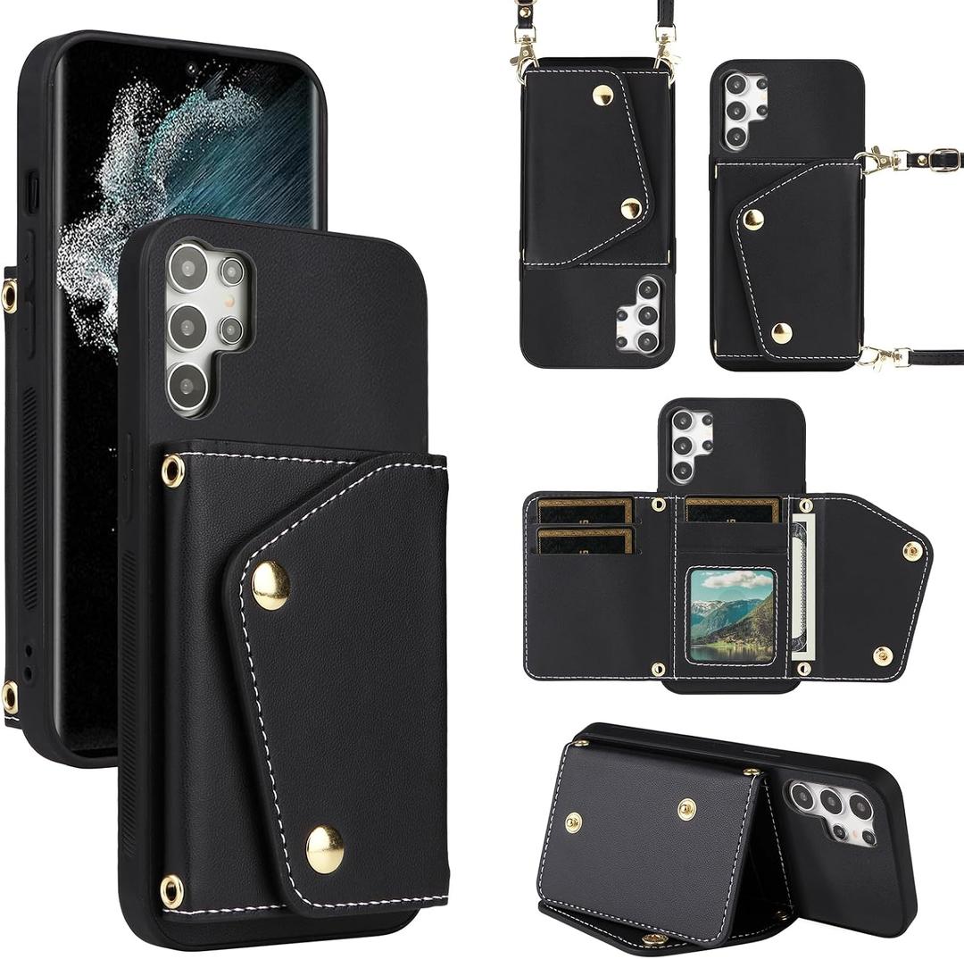 Luxury Wallet Case for Samsung Galaxy S26 Ultra 5G with 5 Card Slots Thin Slim Flip Purse & Shoulder Strap Credit Card Holder Stand Phone Cover for S26Ultra 26S S 26 26Ultra 6.9 2026 Black