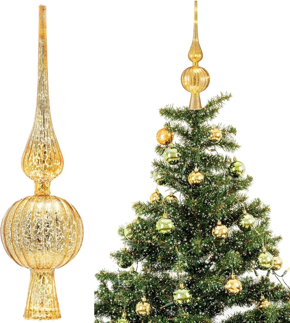 Gejoy Mercury Glass Finial Christmas Tree Topper Vintage Lime Green Spherical Ornaments Blown Glass Xmas Tree Topper Finials Mid Century Holiday Indoor Suitable for Party Decoration, 9.8inches