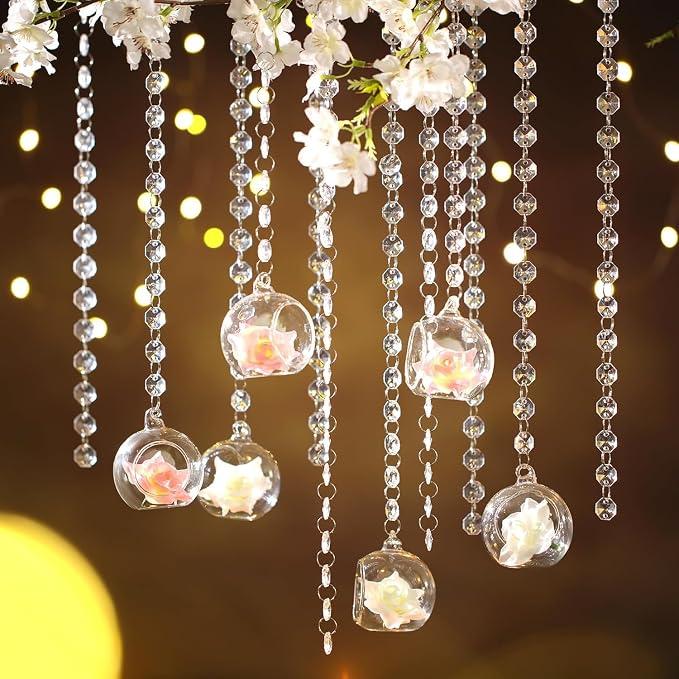 Yoande 24 Sets Hanging Glass Candle Holder Wedding Glass Globe with Acrylic Gems Bead Garland Tea Light Holder Orbs Container for Flower Plants Micro Landscape DIY Xmas Tree Party Decoration 2.36 Inch