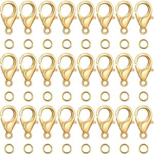 Grevosea 300PCS Lobster Claw Clasps with Open Jump Rings 12mm Metal Lobster Clasps for DIY Craft Bracelet Jewelry Making (Gold, Clasp: 12x7mm+Ring:5mm)
