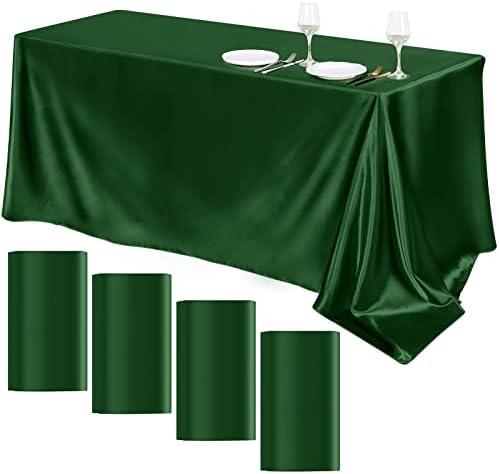 TURSTIN 4 Packs Satin Tablecloth 102 x 58 Inch Overlay Satin Table Cover Rectangle Bright Silk Tablecloth Smooth Fabric Table Decoration for Wedding Banquet Party Events, Dark Green