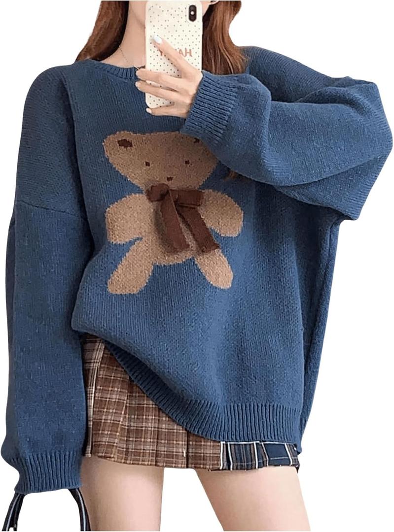 SHENHE Women's Cute Cartoon Bear Bow Oversized Sweater Crew Neck Ribbed Knit Pullovers Blue Medium