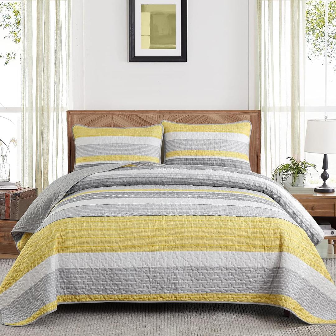 Quilt Set Queen Size, 3 Piece Fall Patchwork Striped Bedding Set, Lightweight Soft Microfiber Bedspreads Coverlets Set with 2 Pillow Shams,Yellow and Grey and White Queen Size Quilts for All Season