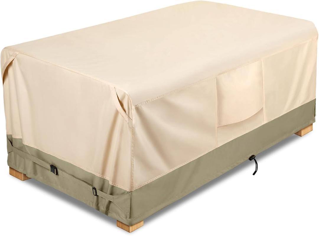 COSFLY Heavy-Duty Waterproof Patio Furniture Cover for Outdoor Table and Chairs Set - Fits 74L x 47W inch, 600D Oxford Fabric Ultimate Weatherproof Rectangular Cover with Adjustable Straps (Beige)