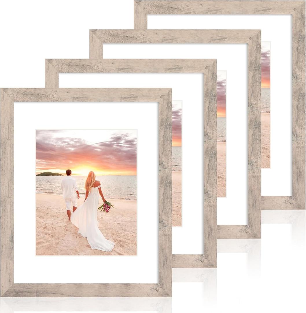 iRahmen 11x14 Picture Frame Set of 4 with Tempered Glass, Smoke Gray Frame Display 8x10 Pictures with Mat or 11 x 14 Without Mat, Wood Rustic Photo Frames for Horizontal or Vertical Wall Mounting