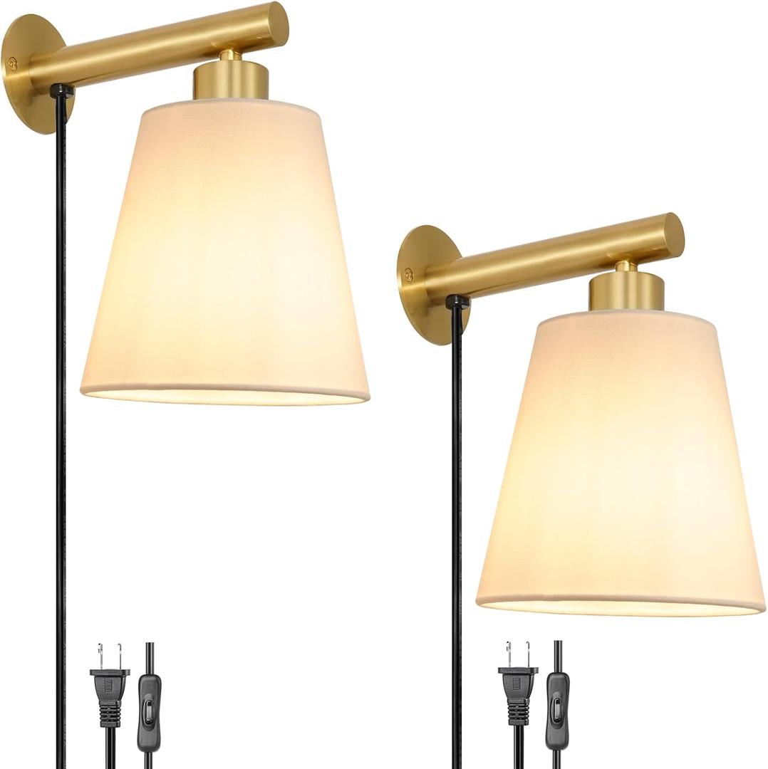 Gold Plug-in Wall Sconces Set of 2, Bedside Lamps With Fabric Linen Shade, Brass Gold Wall Sconce With Cord, Wall Decor Bedroom Lights for Living Room Hallway Porch