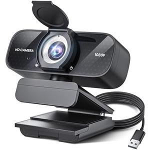 Full HD Webcam with Built-in Microphone and Rotatable Tripod, 1080P Video and Wide Angle Camera, Privacy Cover, for Desktop PC Laptop Computer Black