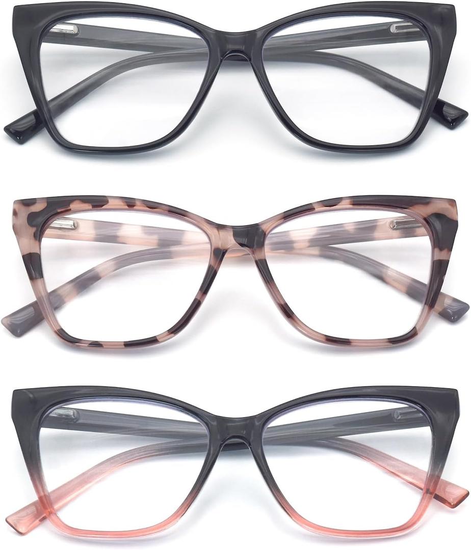 3-Pack Reading Glasses for Women Stylish Oprah Cat-Eye Spring Hinge Readers Anti Blue Light Eyestrain/Glare/UV (S1 Black Black-pink Pink-blackdot)