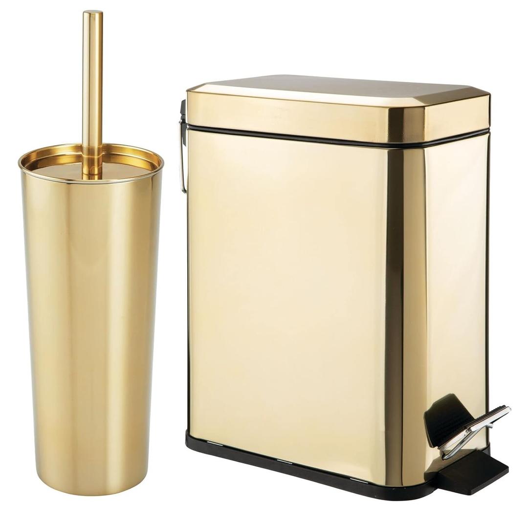 mDesign Metal Freestanding Slim Toilet Bowl Brush and Holder + Rectangle Narrow 5 Liter / 1.3 Gallon Step Pedal Trash Can Wastebasket for Bathroom - Small, Compact Design - Set of 2 - Soft Brass mDesign Metal Freestanding Slim Toilet Bowl Brush and Holder + Rectangle Narrow 5 Liter / 1.3 Gallon Step Pedal Trash Can Wastebasket for Bathroom - Small, Compact Design - Set of 2 - Soft Brass