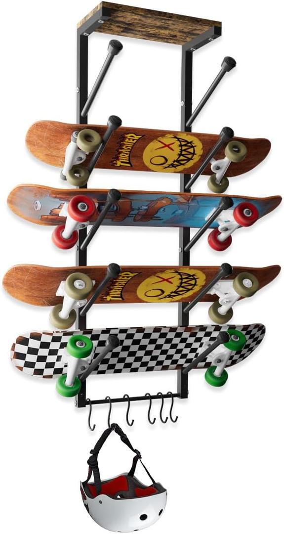 Koutemie Skateboard Rack Wall Mount with Five-Layer Skate Board Stand for Storage Longboard Deck Organizer, Skateboard Wall Display Hanger Holder with 6 Hooks for Home or Garage (Black)