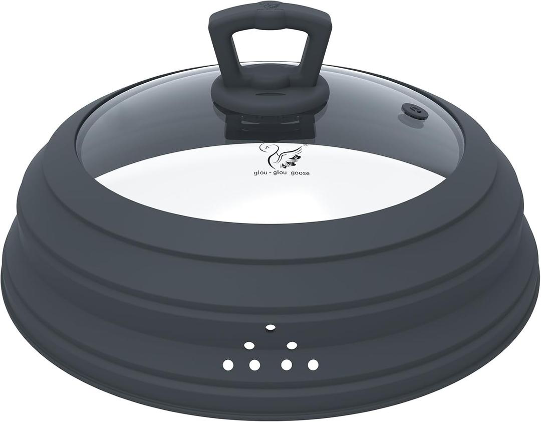 Microwave Splatter Cover Vented Glass Splatter Guard Lid with Collapsible Silicone for Food as Pot Cover Plate 10.8 inch for 6 7 8 9 10 inch Plate Bowl (Grey)