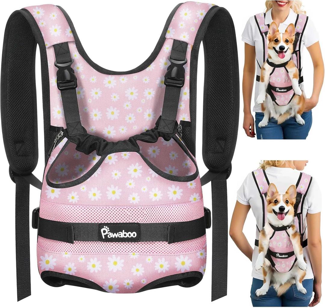 Pawaboo Pet Dog Front Carrier Backpacks, Legs Out Pet Carrier Backpack, Adjustable Easy-fit Dog Chest Carriers for Small Medium Dogs Hands Free for Travel Hiking Cycling Camping, XL, Pink Daisy