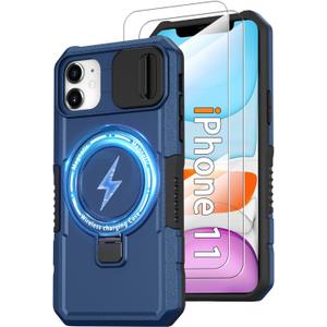 Phone Case for iPhone 11, with Magnetic Ring Stand [2X Glass Screen Protector] [Compatible with MagSafe] Military Grade Case with Camera Cover, Shockproof Cover for iPhone 11 6.1 inch, Blue