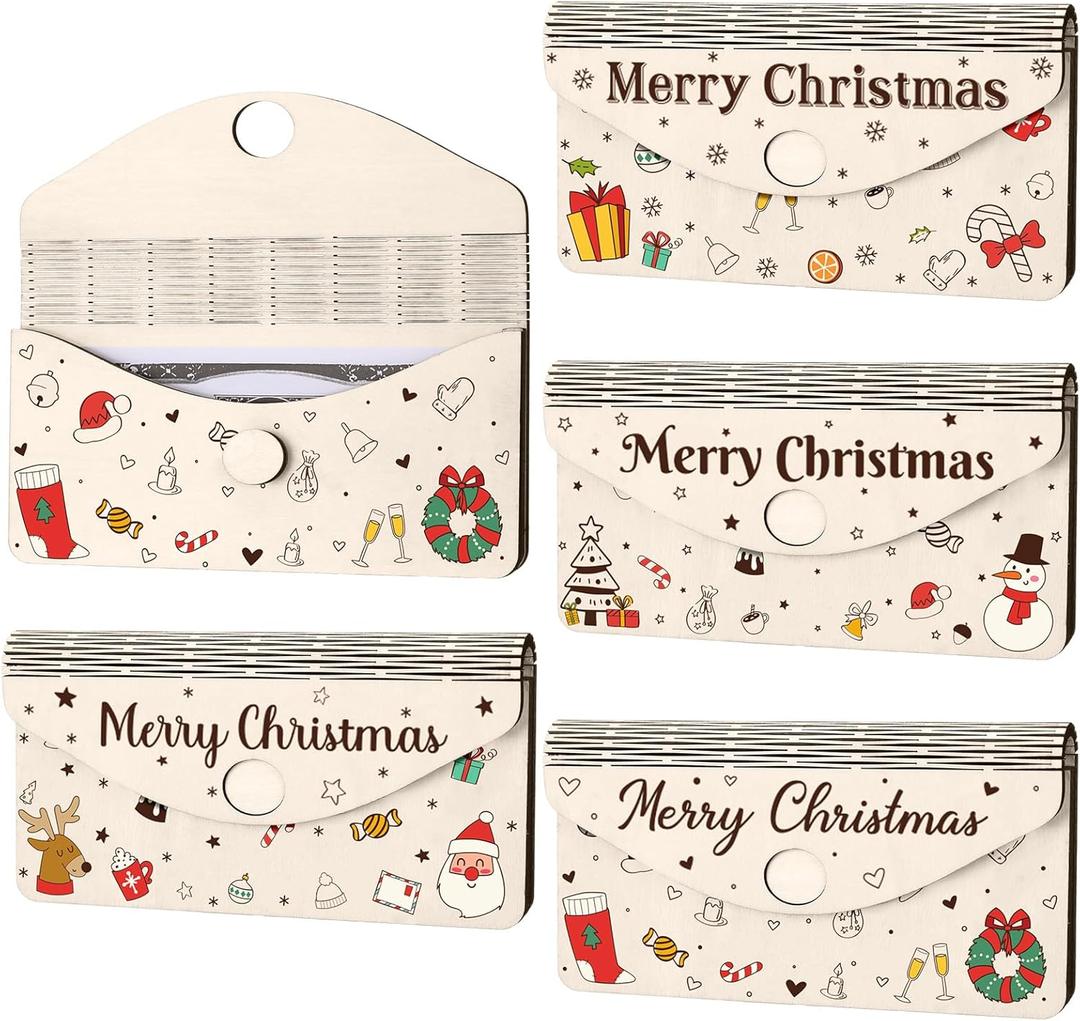 Thyle 4 Pcs Laser Cut Wooden Christmas Money Holders for Cash Gift Card Stretchable Unique Xmas Wooden Envelope Wallet Greeting Card Cash Holder Money Box Decor for Christmas Birthday Holiday Party
