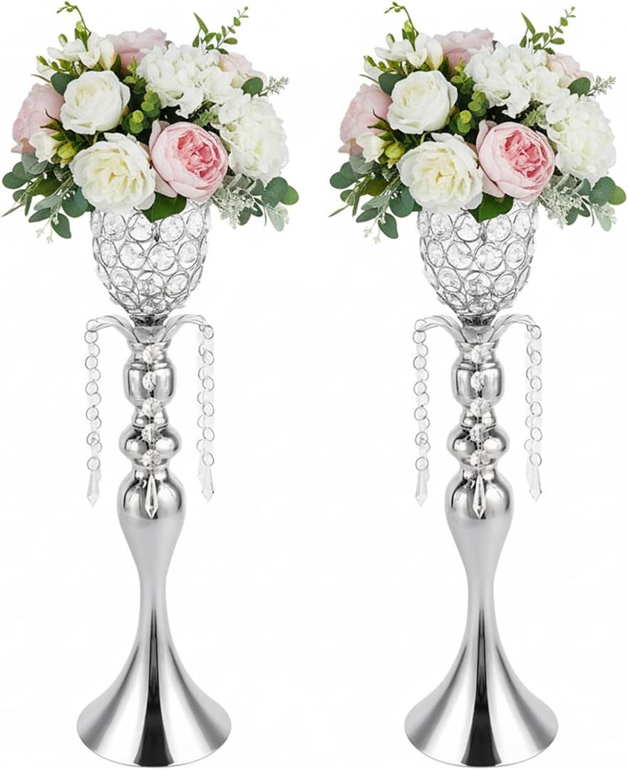 Acrylic Pendant Wedding Vases for Tables, Silver Metal Trumpet Centerpieces, Elegant Tulip Flower Stands, Decorative Silver Flower Arrangement Vases for Event Party Wedding Home Decor (Silver-2pcs)