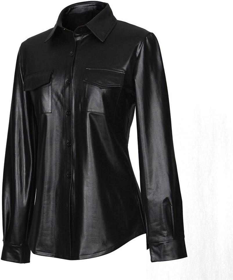 Sorrica Womens Sexy Shiny Metallic PU Faux Leather Nightclub Styles Long Sleeves Button Down Shirts Top (Large, Black)