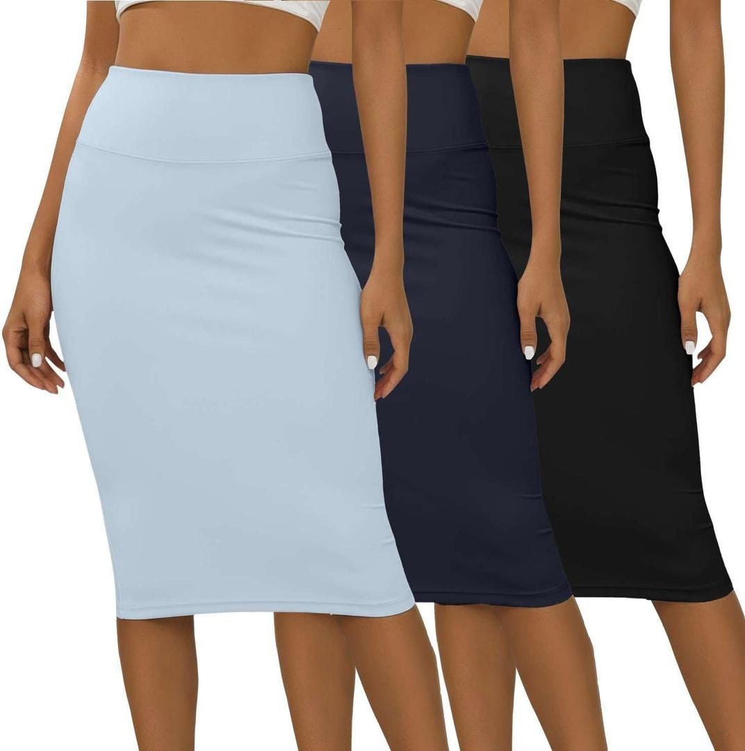 3 x Real Essentials 3 Pack: Womens Soft Midi Skirt – High Waisted Pencil Work Office Business Casual Skirts with Back Slit Plus (Blue, XXXL)
