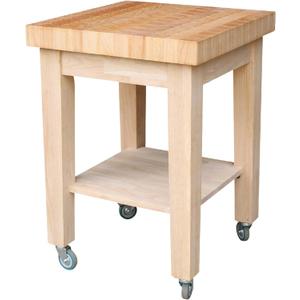 International Concepts 33" Rolling Kitchen Island Cart with Butcher Block Top, Solid Wood, Unfinished, Mobile Prep Station with Storage Shelf