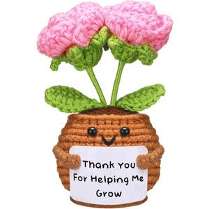 Wavwavw Teacher's Day Appreciation Gifts Thank You for Helping Me Grow Handmade Crochet Flower Doll with Card for Teacher Graduation Gifts Office Decor(Pink Rose Flower)