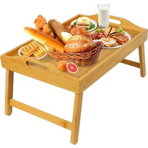 Bed Tray Table Bamboo Breakfast Tray with Foldable Legs and Handles, Ideal for Bed & Sofa, Portable Eating Snacking Working