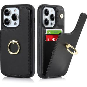 for iPhone 13 Pro Case with Card Holder,Credit Card Holder,Ring Stand Kickstand,Flip Shockproof Phone Wallet Case for Women Men (6.1 inch,Black)