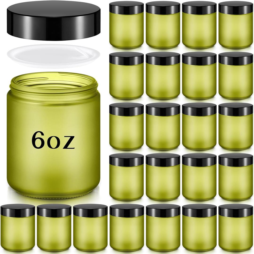 Domensi 24 Pcs Bulk 6oz Glass Jars with Lids Leakproof Round Airtight Empty Cosmetic Jars with Inner Liners Lid for Storing Lotions Spices Ointments Food Storage (Green)