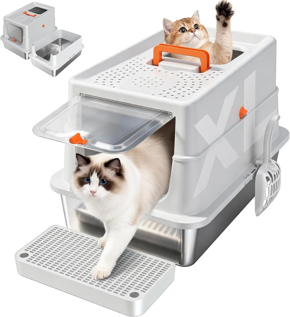 High-Sided Stainless Steel XL Cat Litter Box for Cats