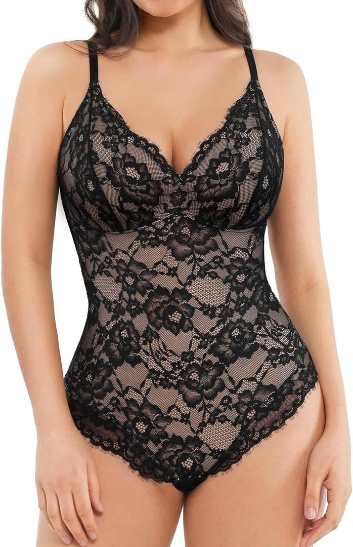 Popilush Shapewear Bodysuit V Neck Tummy Control Backless Lace Tank Tops Sleeveless Thong Bodysuit (M (4-6), Black)