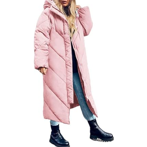 Yousify Women's Hooded Long Puffer Coat Winter Longer Thickened Down Jacket Zip Cotton Outwear, Pink Small