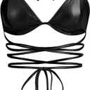 Verdusa Women's Y2K PU Leather Backless Criss Cross Tie Sleeveless Halter Crop Top (Black, M)