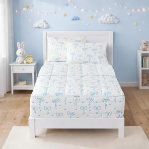 Bow Zipper Bedding Twin for Girls, Bed in a Bag, Comforter Set White - Light Blue Bow Quilt with All-in-One Zipper Design, Cute Bow Quilt Set for Girls & Boys