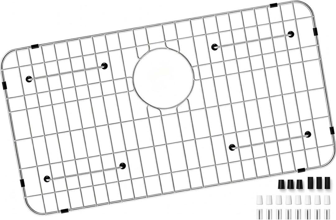 Kitchen Sink Grid and Sink Protectors, 26-1/16" x 14-1/16" Stainless Steel Material Sink Grate for Bottom of Kitchen Sink Rack Accessories with Rear Drain for Single Bowl Sinks, Scratch Prevention